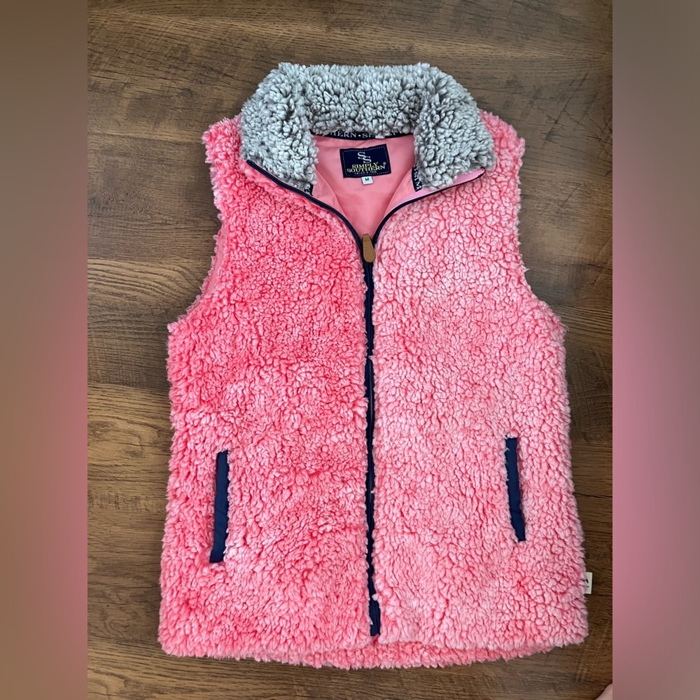 Simply Southern Pink Sherpa Vest with Gray Collar
